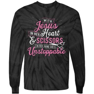 SheS Unstoppable Hairdresser Scissors Hair Stylist Salon Tie-Dye Long Sleeve Shirt