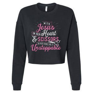 SheS Unstoppable Hairdresser Scissors Hair Stylist Salon Cropped Pullover Crew