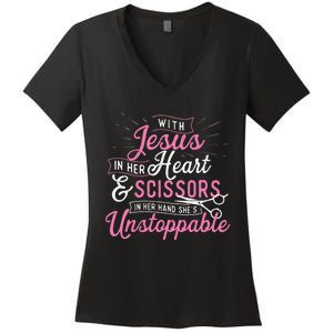 SheS Unstoppable Hairdresser Scissors Hair Stylist Salon Women's V-Neck T-Shirt