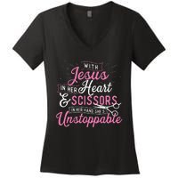 SheS Unstoppable Hairdresser Scissors Hair Stylist Salon Women's V-Neck T-Shirt