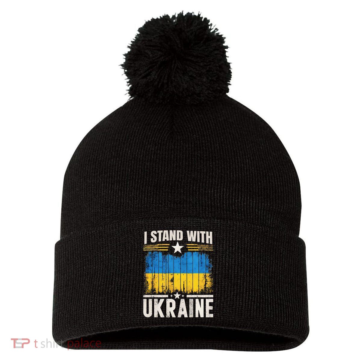 Support Ukraine I Stand With Ukraine Ukrainian Flag Pom Pom 12in Knit Beanie