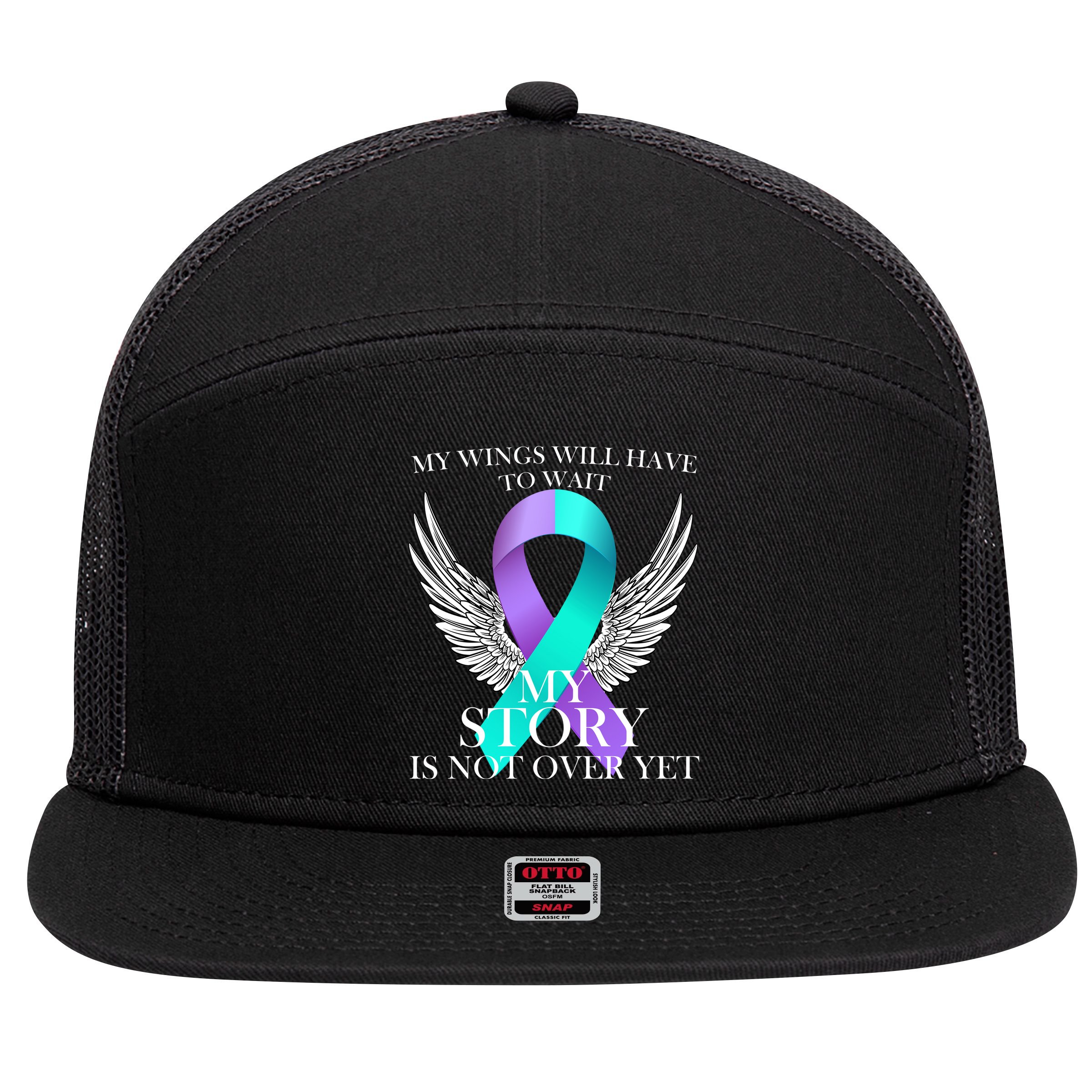 Suicide Prevention Angel Wings Ribbon 7 Panel Mesh Trucker Snapback Hat