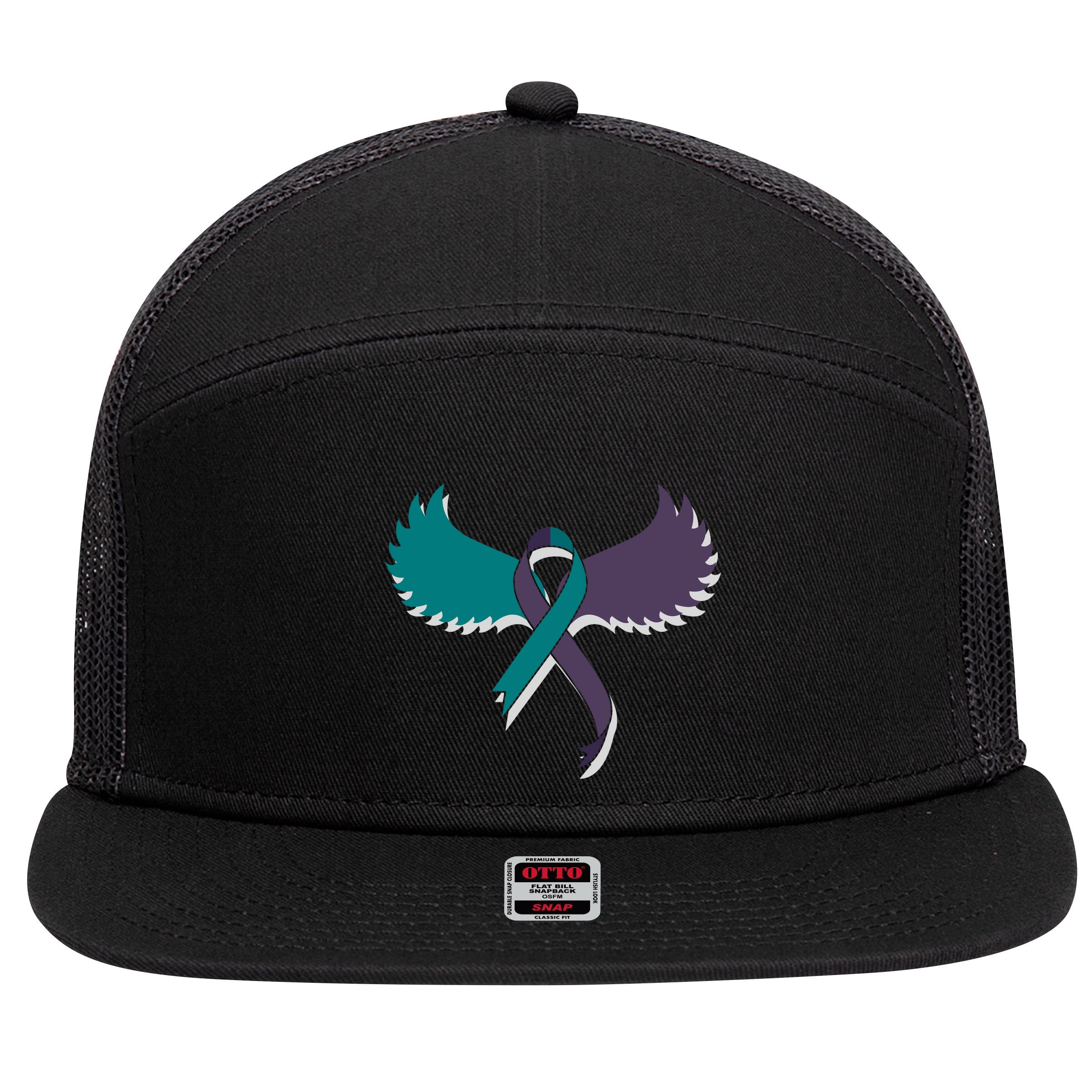 Suicide Prevention Angle Wings Awareness Ribbon 7 Panel Mesh Trucker Snapback Hat
