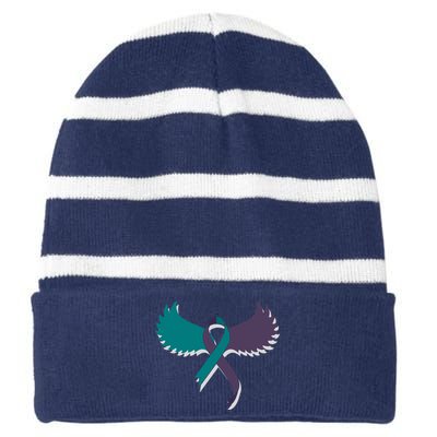 Suicide Prevention Angle Wings Awareness Ribbon Striped Beanie with Solid Band