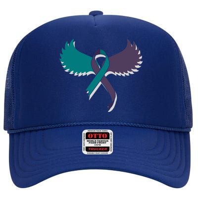 Suicide Prevention Angle Wings Awareness Ribbon High Crown Mesh Back Trucker Hat