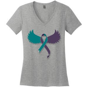 Suicide Prevention Angle Wings Awareness Ribbon Women's V-Neck T-Shirt