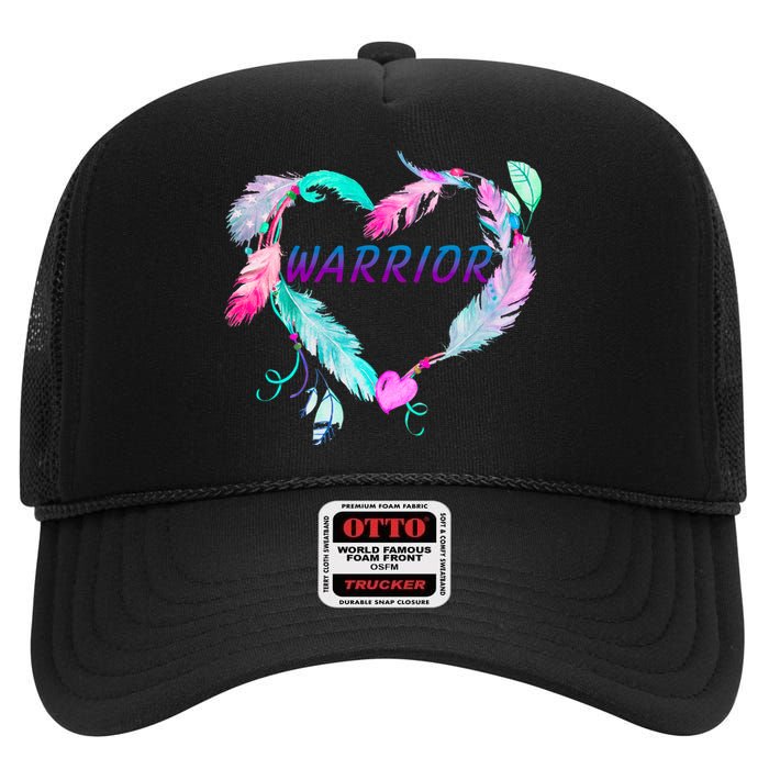 Suicide Prevention Warrior Feather Heart Support High Crown Mesh Back Trucker Hat