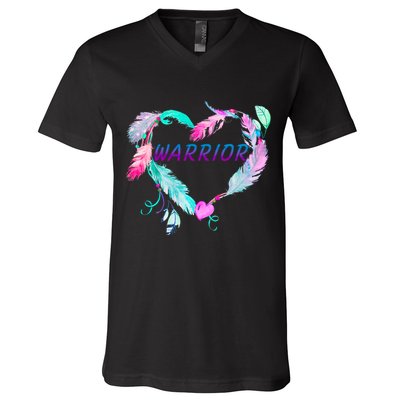 Suicide Prevention Warrior Feather Heart Support V-Neck T-Shirt
