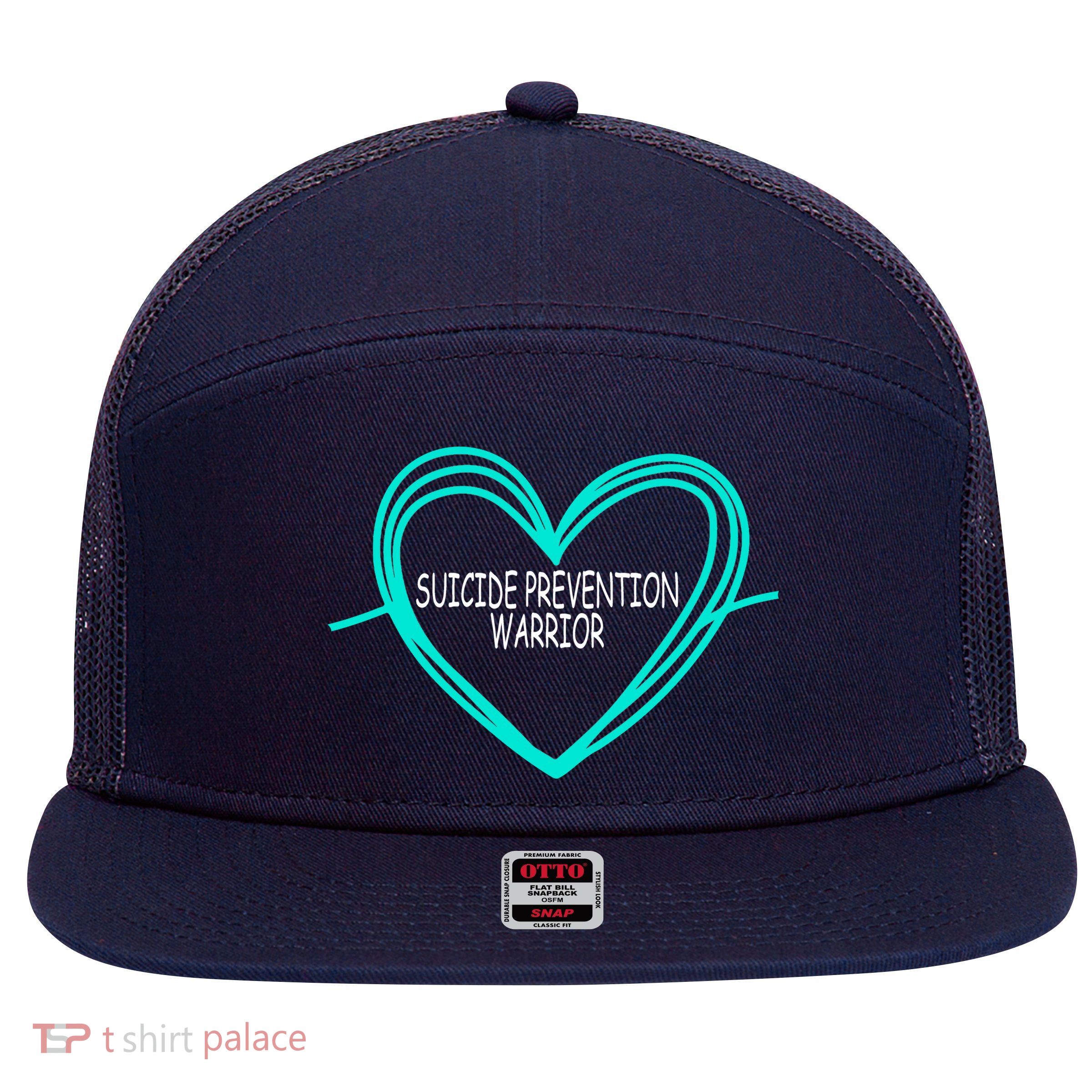 Suicide Prevention Warrior Teal Ribbon Heart 7 Panel Mesh Trucker Snapback Hat