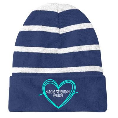 Suicide Prevention Warrior Teal Ribbon Heart Striped Beanie with Solid Band