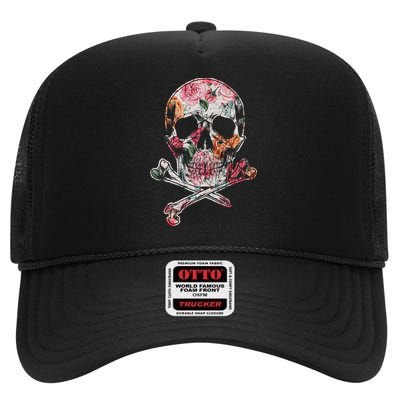 Summer Flower Skull High Crown Mesh Back Trucker Hat