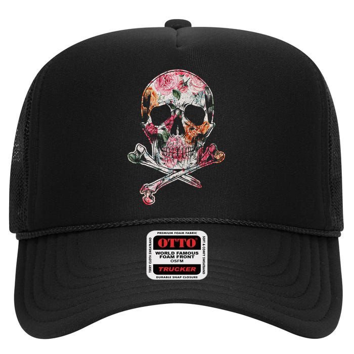 Summer Flower Skull High Crown Mesh Back Trucker Hat