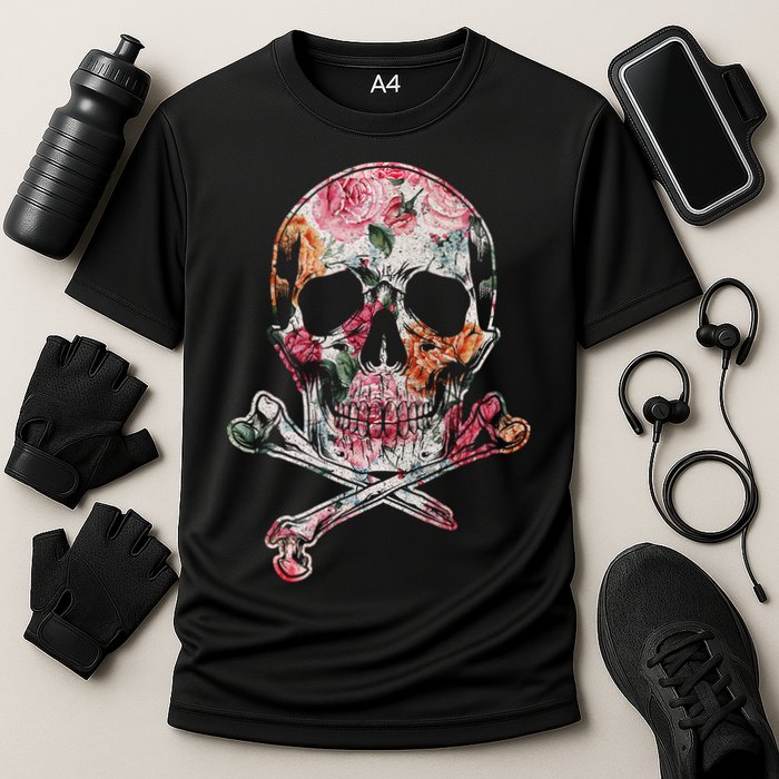 Summer Flower Skull Cooling Performance Crew T-Shirt