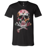 Summer Flower Skull V-Neck T-Shirt