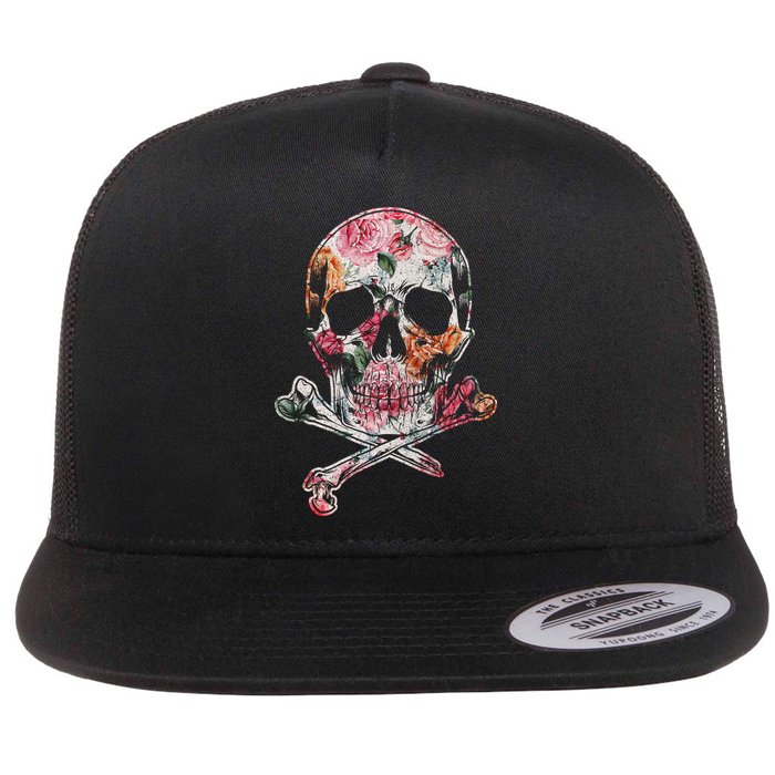 Summer Flower Skull Flat Bill Trucker Hat