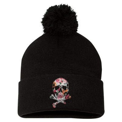 Summer Flower Skull Pom Pom 12in Knit Beanie