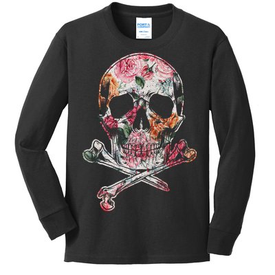 Summer Flower Skull Kids Long Sleeve Shirt