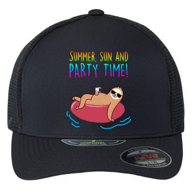 Summer Sun And Party Time Sloth Loungin Flexfit Unipanel Trucker Cap