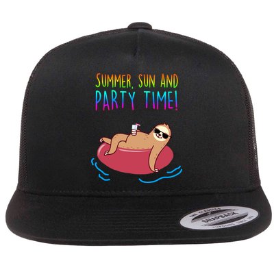 Summer Sun And Party Time Sloth Loungin Flat Bill Trucker Hat