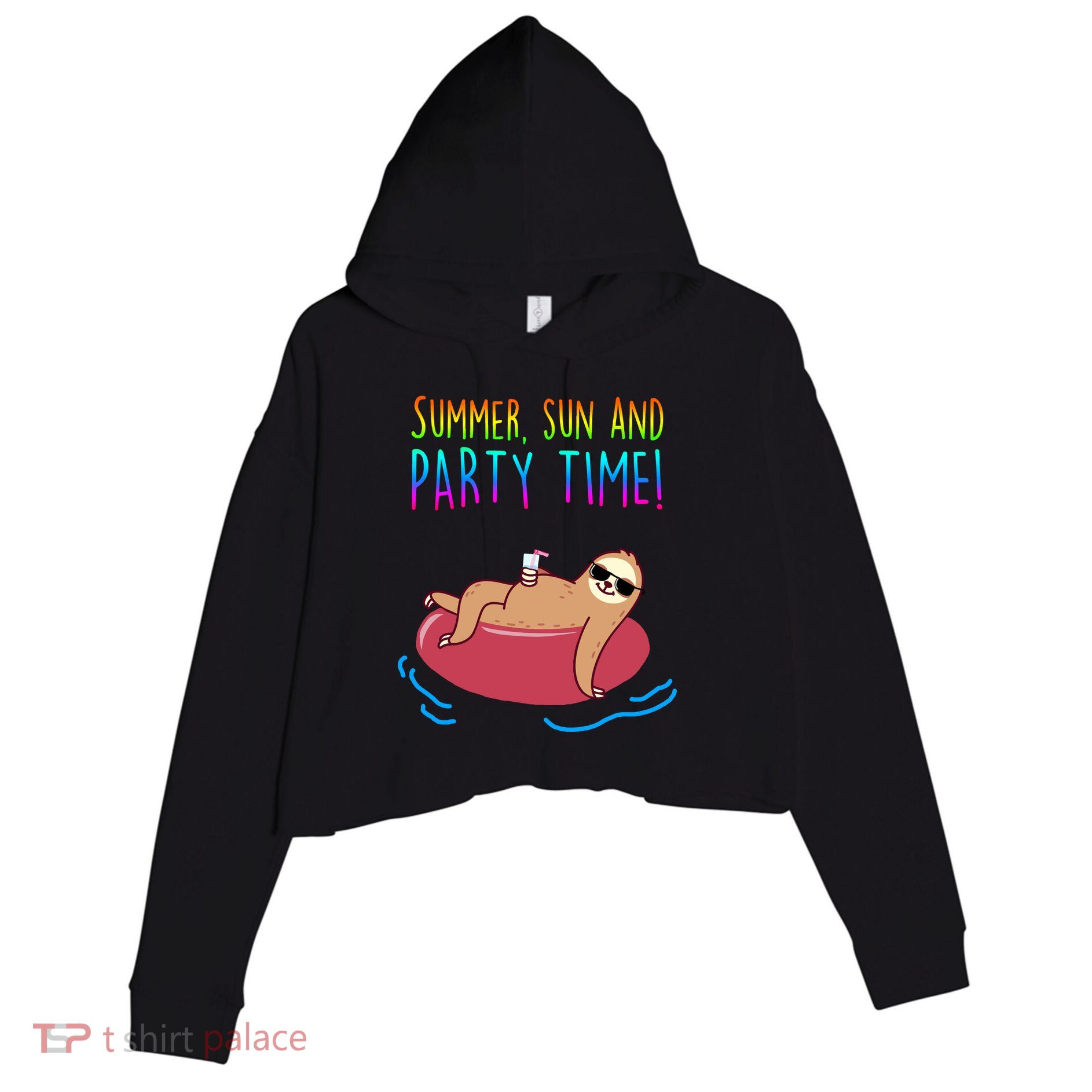 Summer Sun And Party Time Sloth Loungin Crop Fleece Hoodie