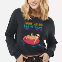Summer Sun And Party Time Sloth Loungin Cropped Pullover Crew