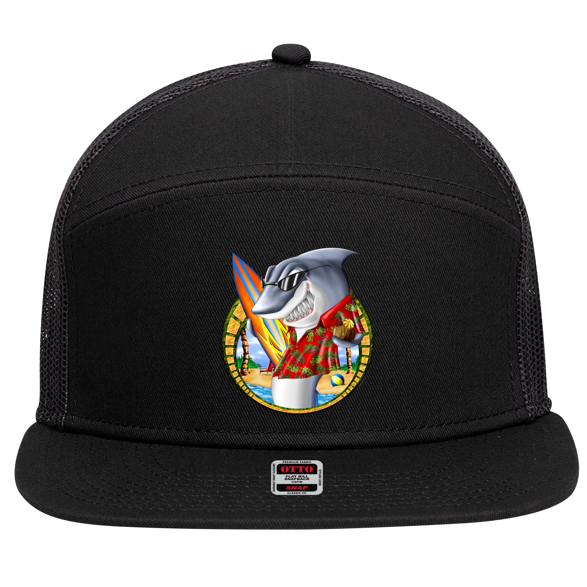 Summertime Beach Shark Surfing 7 Panel Mesh Trucker Snapback Hat