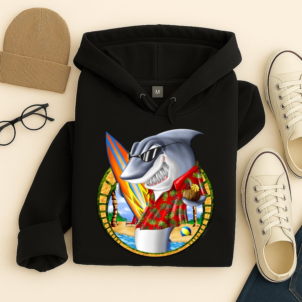 Summertime Beach Shark Surfing Hoodie