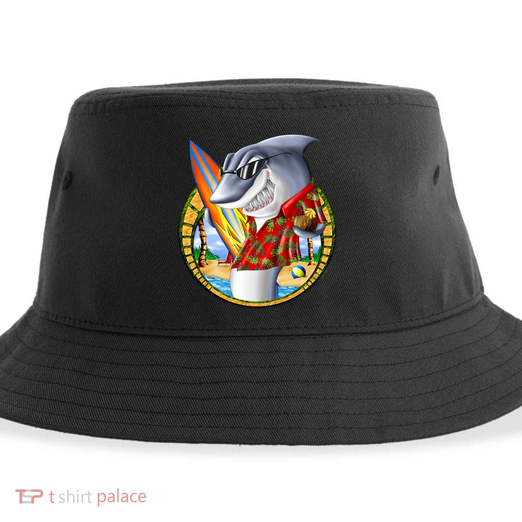 Summertime Beach Shark Surfing Sustainable Bucket Hat