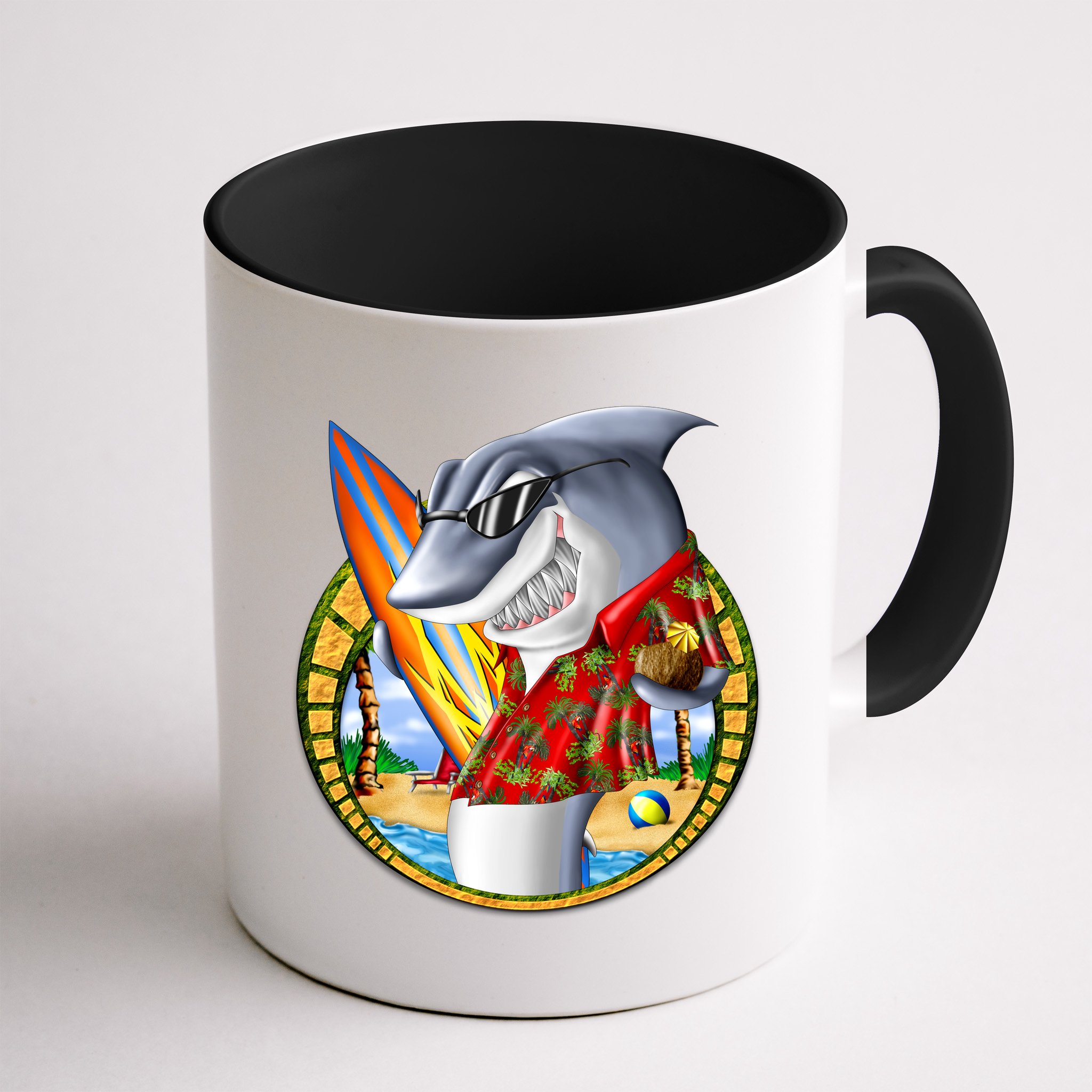 Summertime Beach Shark Surfing Mug