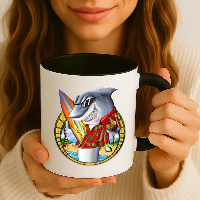 Summertime Beach Shark Surfing Mug