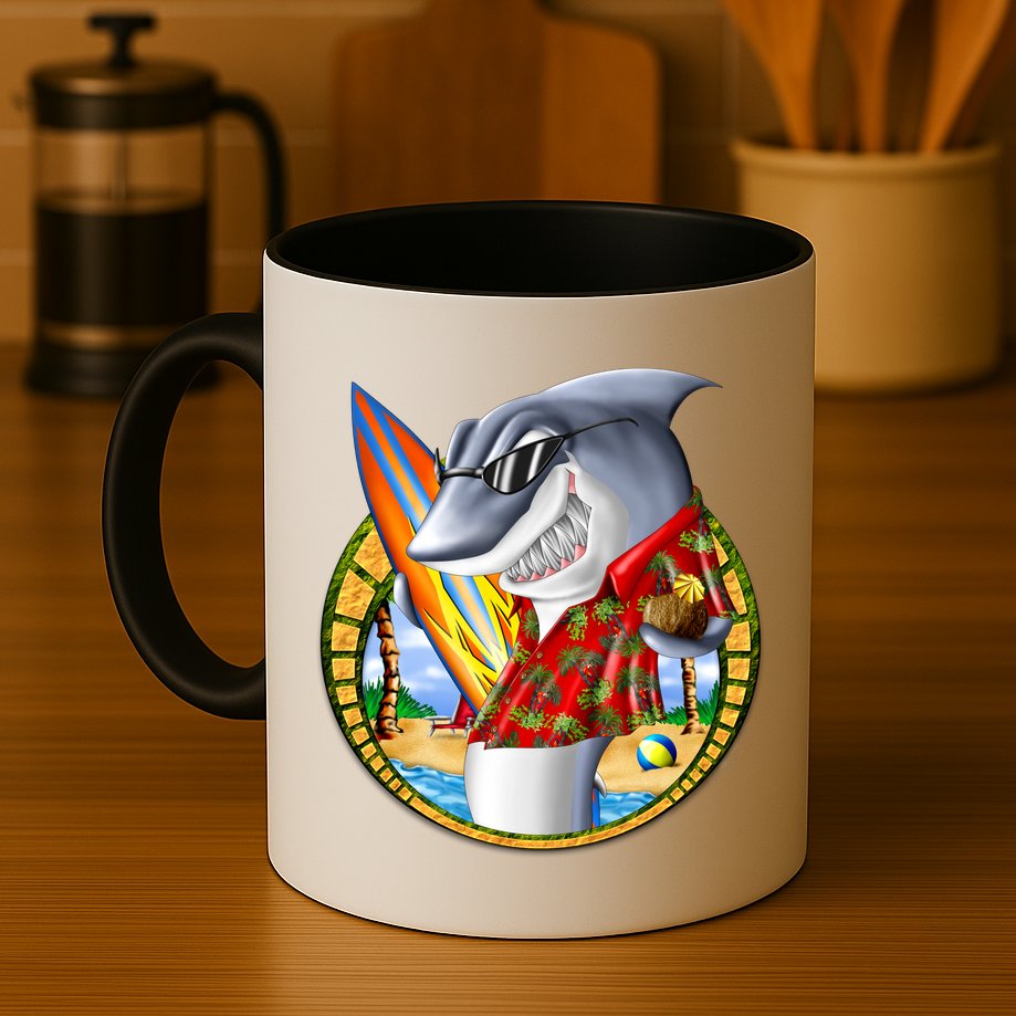 Summertime Beach Shark Surfing Mug
