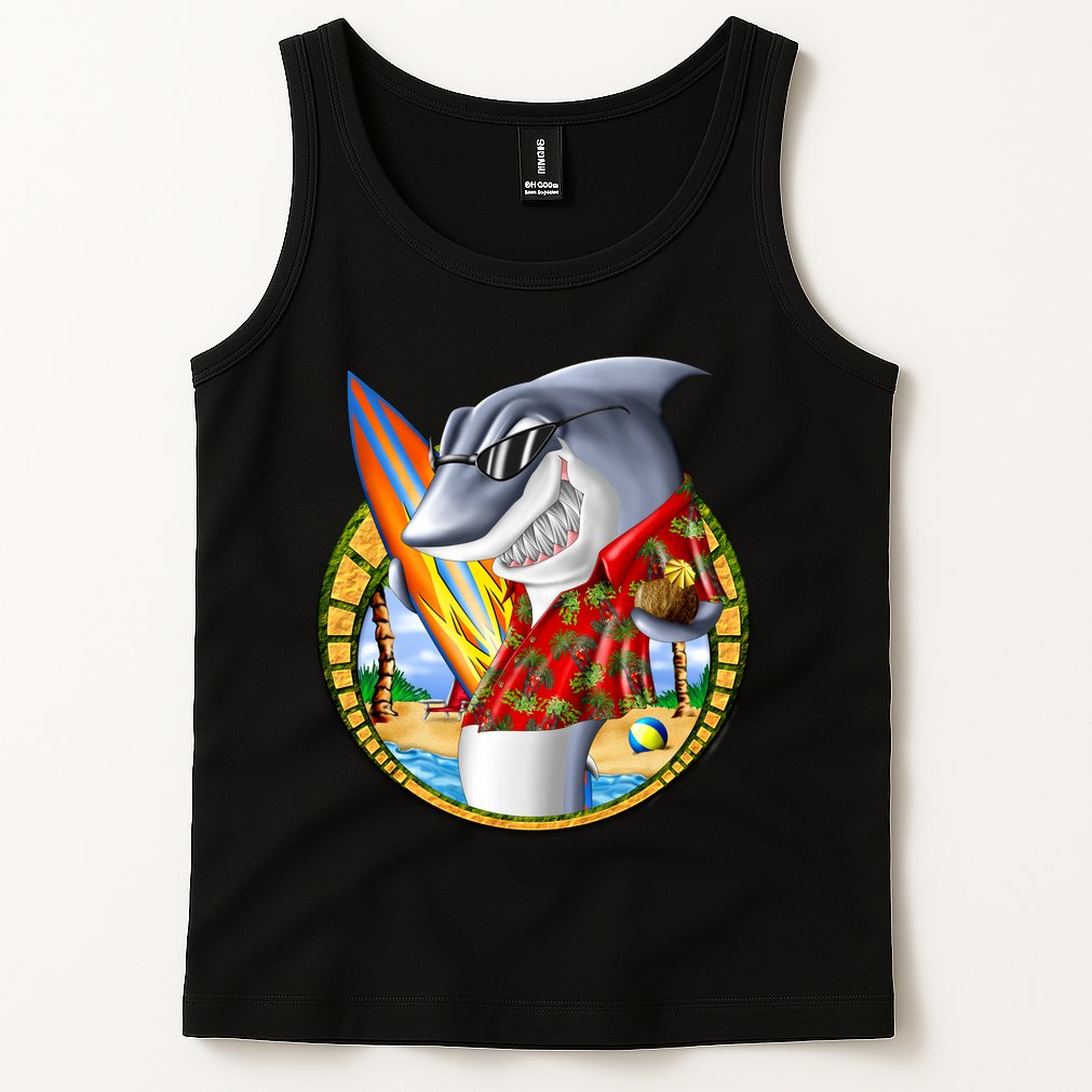 Summertime Beach Shark Surfing Tank Top