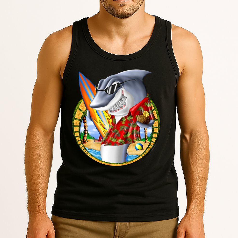 Summertime Beach Shark Surfing Tank Top