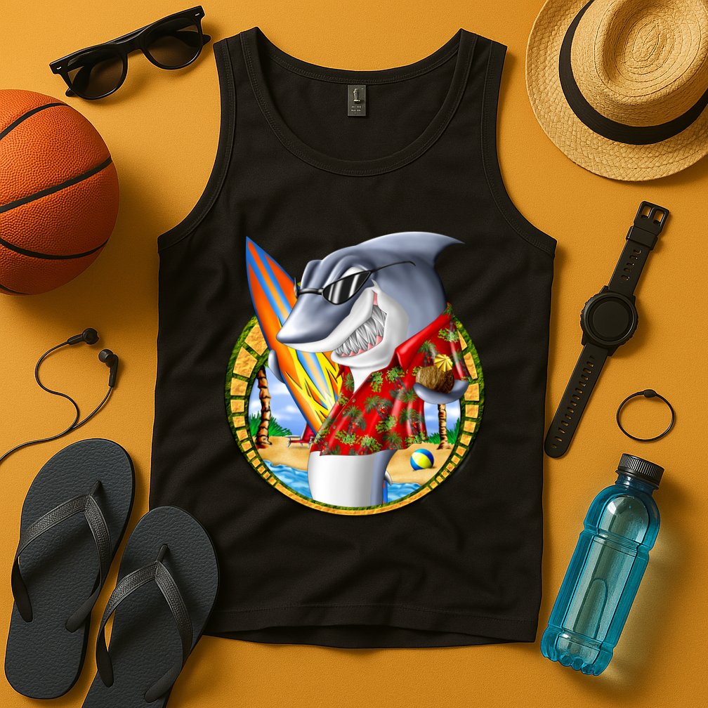 Summertime Beach Shark Surfing Tank Top
