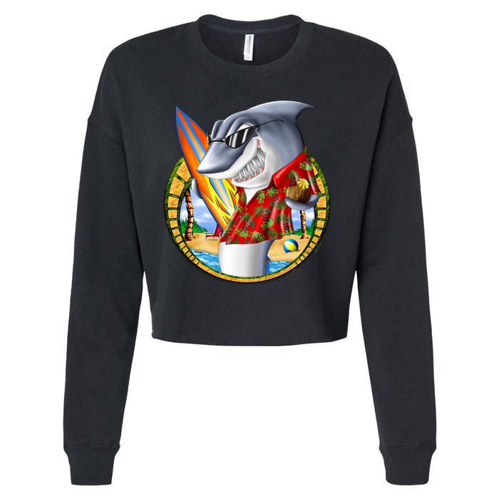 Summertime Beach Shark Surfing Cropped Pullover Crew