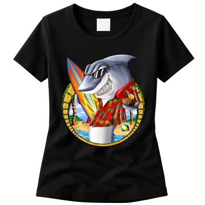 Summertime Beach Shark Surfing Womens T-Shirt