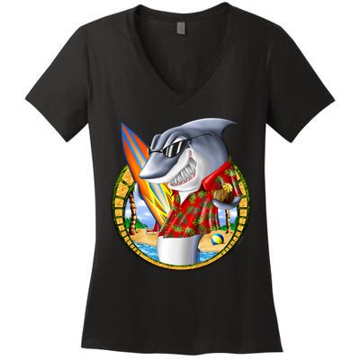 Summertime Beach Shark Surfing Women's V-Neck T-Shirt