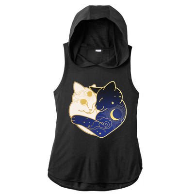 Sun and Moon Yin and Yang Cats Ladies PosiCharge Tri-Blend Wicking Draft Hoodie Tank