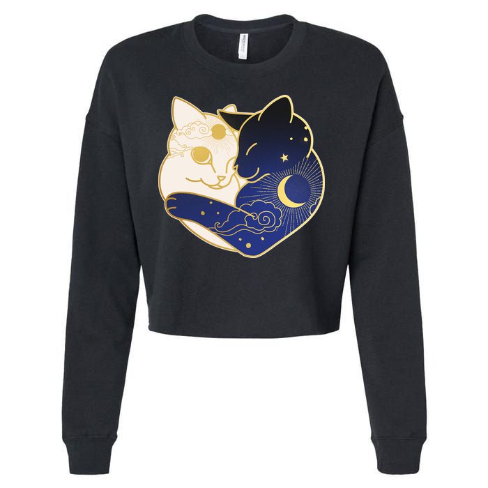 Sun and Moon Yin and Yang Cats Cropped Pullover Crew