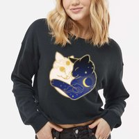 Sun and Moon Yin and Yang Cats Cropped Pullover Crew