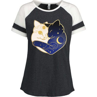 Sun and Moon Yin and Yang Cats Enza Ladies Jersey Colorblock Tee