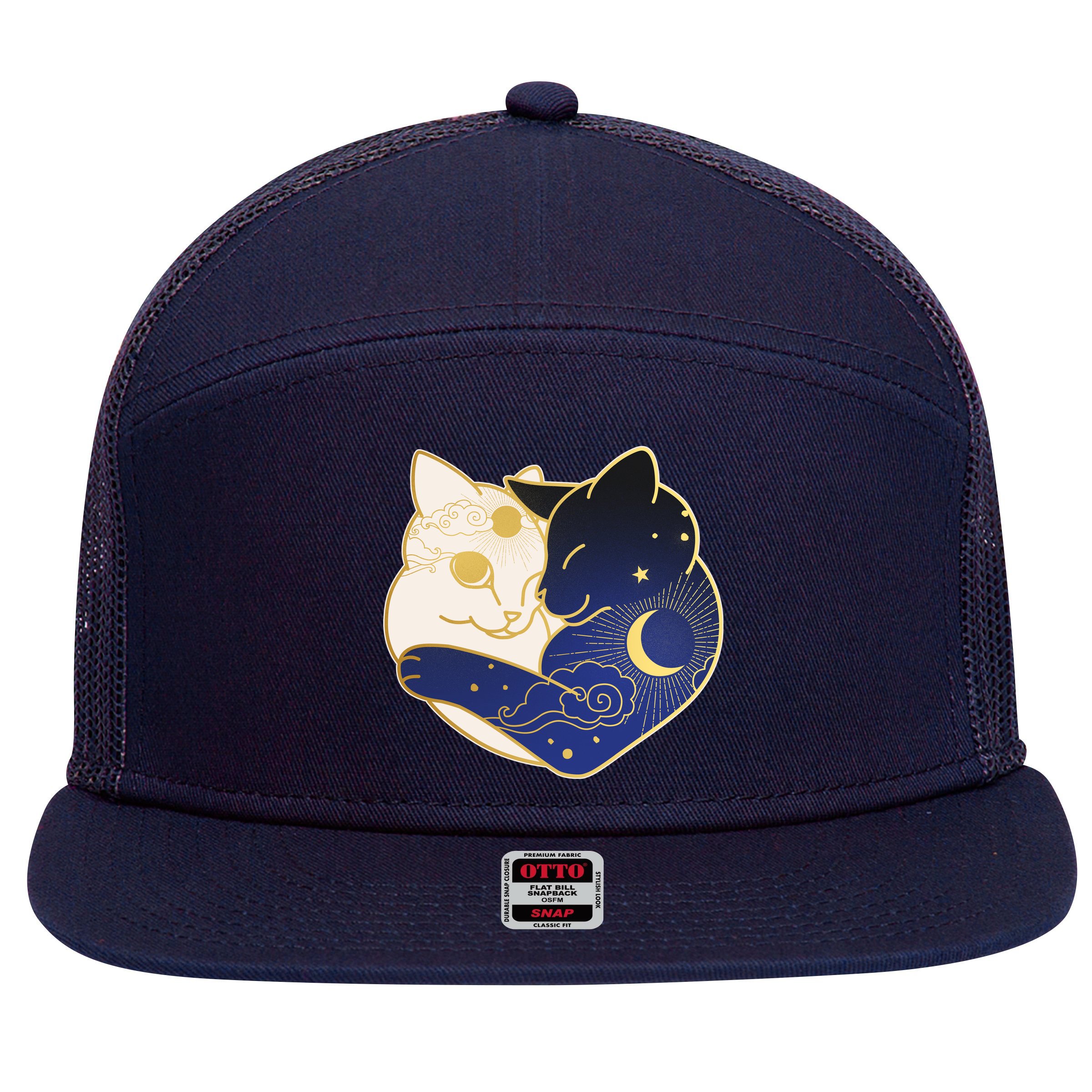 Sun and Moon Yin and Yang Cats 7 Panel Mesh Trucker Snapback Hat