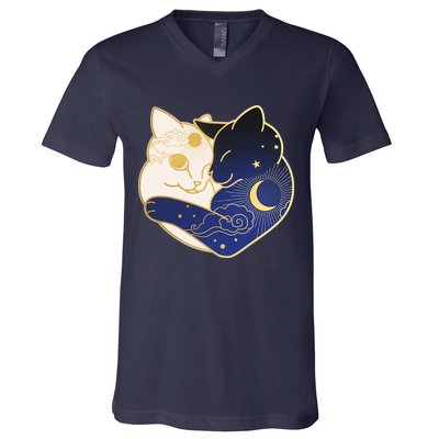 Sun and Moon Yin and Yang Cats V-Neck T-Shirt