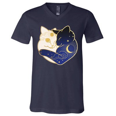 Sun and Moon Yin and Yang Cats V-Neck T-Shirt