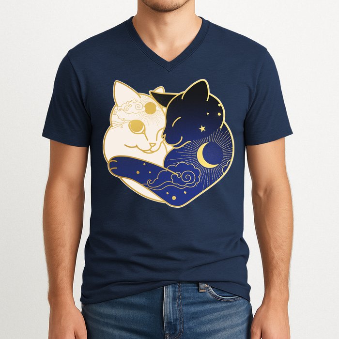 Sun and Moon Yin and Yang Cats V-Neck T-Shirt