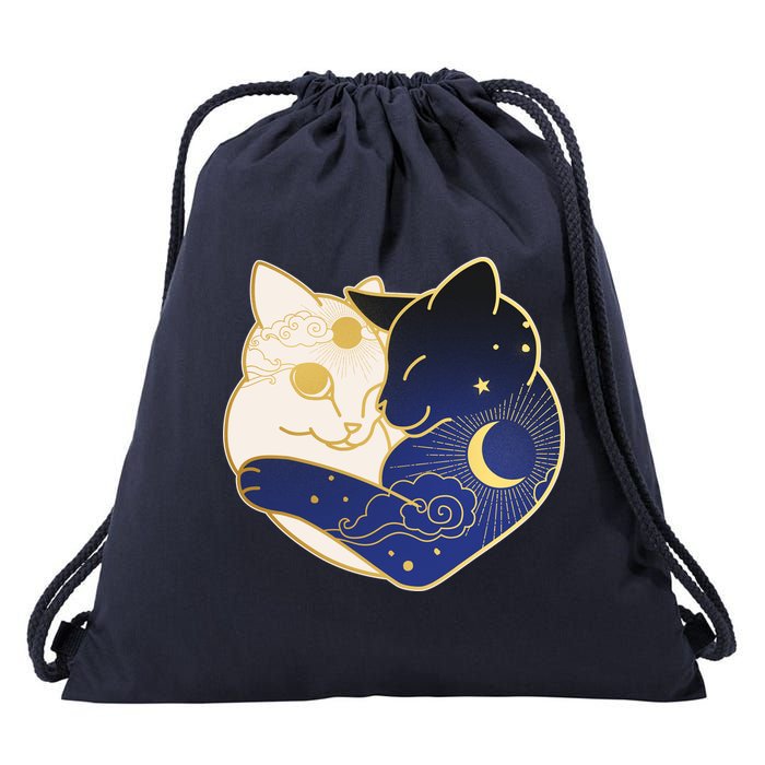 Sun and Moon Yin and Yang Cats Drawstring Bag