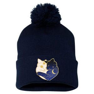 Sun and Moon Yin and Yang Cats Pom Pom 12in Knit Beanie