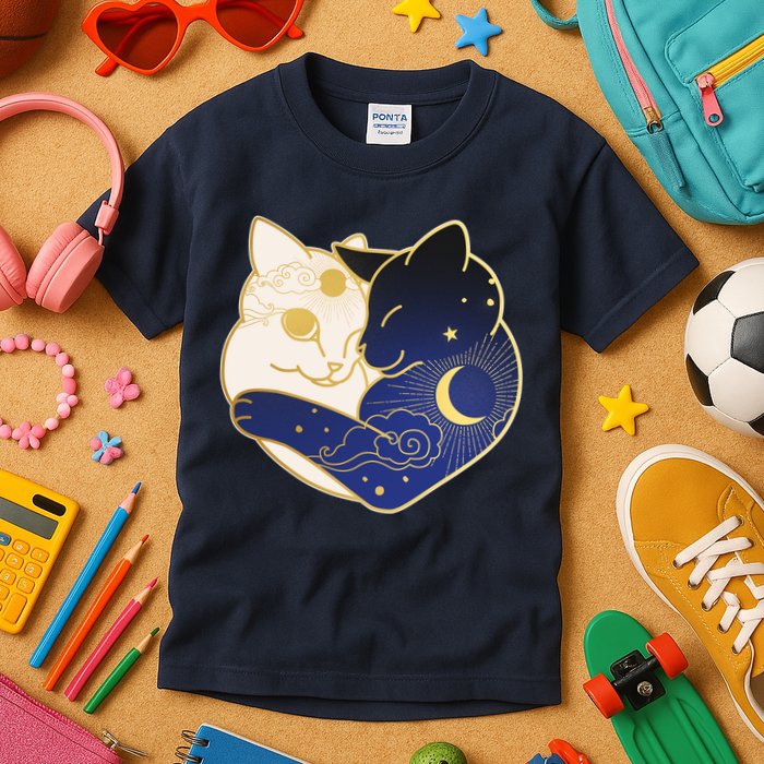 Sun and Moon Yin and Yang Cats Kids T-Shirt