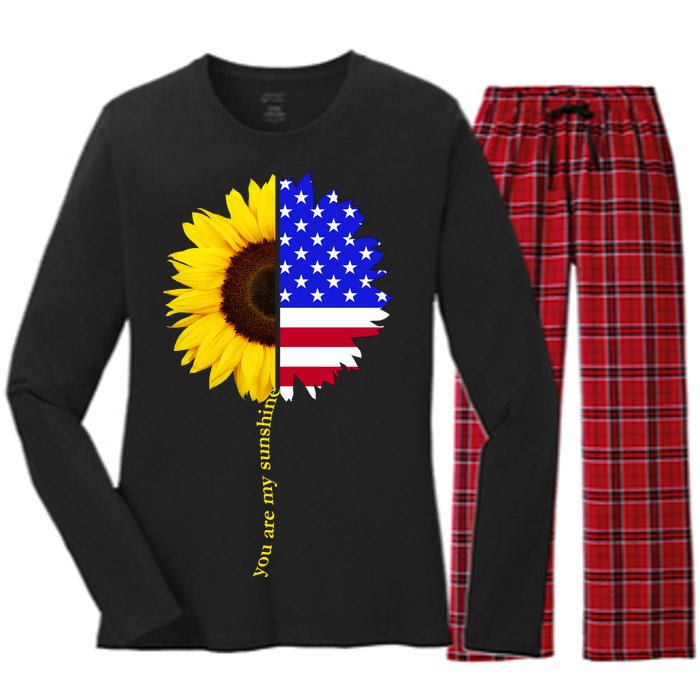 Sunflower American Flag You Are My Sunshine Women's Long Sleeve Flannel Pajama Set 