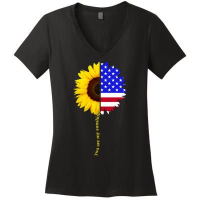 Sunflower American Flag You Are My Sunshine Women's V-Neck T-Shirt